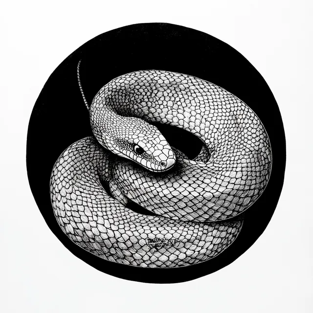 Mamba Snake Illustration in Black and White, Coiled Linework Art