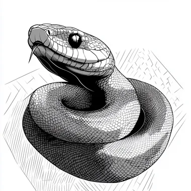 coiled up Mamba snake "8" flat mamba snake illustration, linework, black and white