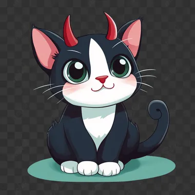 A cute cartoon of a tuxedo colored cat with devil horns