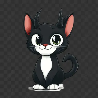 A cute cartoon of a tuxedo colored cat with devil horns