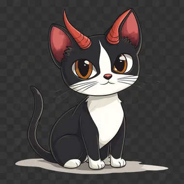 A cute cartoon of a tuxedo colored cat with devil horns