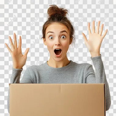 front shot of a woman happily surprised with one hand up in front of a box on a white background