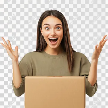 front shot of a woman happily surprised with one hand up in front of a box on a white background