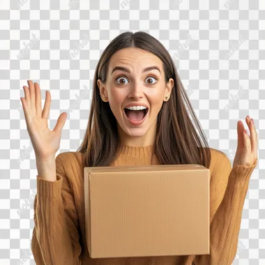 front shot of a woman happily surprised with one hand up in front of a box on a white background