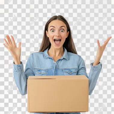 front shot of a woman happily surprised with one hand up in front of a box on a white background