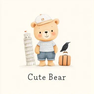 P&M illustration of a cute smiling bear cub, wearing clothes and a baseball cap with a white badge, standing next to the Leaning Tower of Pisa, holding a suitcase, with a crow sitting next to it, drawn in pencil with bright colors on a white background, with cute font "Cute Bear" in the blank space, similar to the style of Raymond Briggs   rofile k67154z