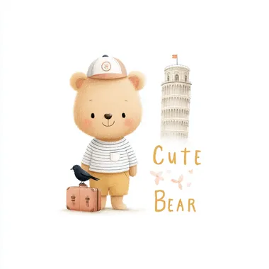 P&M illustration of a cute smiling bear cub, wearing clothes and a baseball cap with a white badge, standing next to the Leaning Tower of Pisa, holding a suitcase, with a crow sitting next to it, drawn in pencil with bright colors on a white background, with cute font "Cute Bear" in the blank space, similar to the style of Raymond Briggs   rofile k67154z