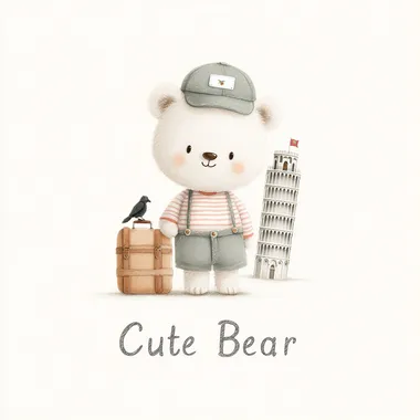 P&M illustration of a cute smiling bear cub, wearing clothes and a baseball cap with a white badge, standing next to the Leaning Tower of Pisa, holding a suitcase, with a crow sitting next to it, drawn in pencil with bright colors on a white background, with cute font "Cute Bear" in the blank space, similar to the style of Raymond Briggs   rofile k67154z