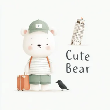 P&M illustration of a cute smiling bear cub, wearing clothes and a baseball cap with a white badge, standing next to the Leaning Tower of Pisa, holding a suitcase, with a crow sitting next to it, drawn in pencil with bright colors on a white background, with cute font "Cute Bear" in the blank space, similar to the style of Raymond Briggs   rofile k67154z