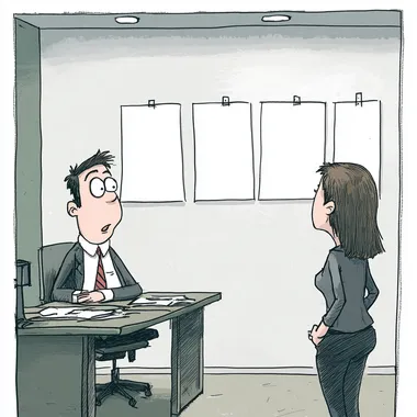 a funny cartoon sketch of an office. A manager is sat at their desk. There are blank white posters on the wall. A female employee is stood in front of the manager, she looks confused. Funny, sarcastic, humour