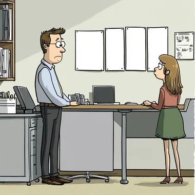 a funny cartoon sketch of an office. A manager is sat at their desk. There are blank white posters on the wall. A female employee is stood in front of the manager, she looks confused. Funny, sarcastic, humour