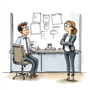 a funny cartoon sketch of an office. A manager is sat at their desk. There are blank white posters on the wall. A female employee is stood in front of the manager, she looks confused. Funny, sarcastic, humour