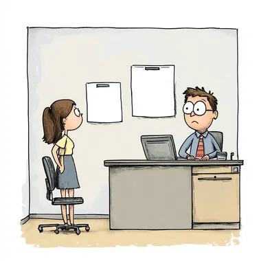 a funny cartoon sketch of an office. A manager is sat at their desk. There are blank white posters on the wall. A female employee is stood in front of the manager, she looks confused. Funny, sarcastic, humour