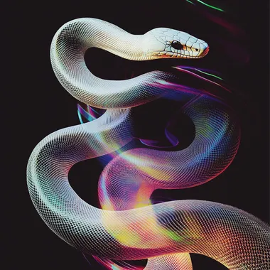 Black background, white snake with rainbow color scales, flowing lines, poster art, vintage aesthetics, dark white and black, double exposure, cinematic lighting, glitchy