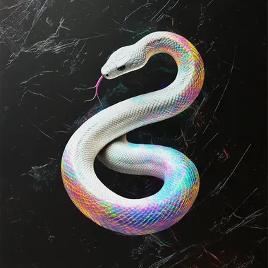 Black background, white snake with rainbow color scales, flowing lines, poster art, vintage aesthetics, dark white and black, double exposure, cinematic lighting, glitchy