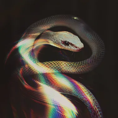 Black background, white snake with rainbow color scales, flowing lines, poster art, vintage aesthetics, dark white and black, double exposure, cinematic lighting, glitchy