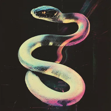 Black background, white snake with rainbow color scales, flowing lines, poster art, vintage aesthetics, dark white and black, double exposure, cinematic lighting, glitchy