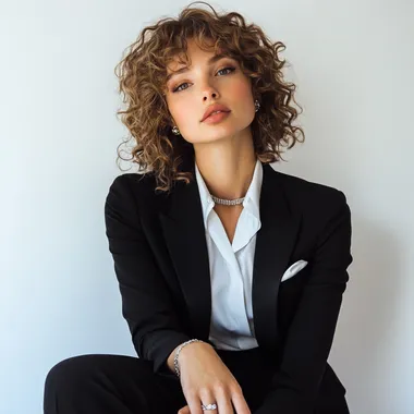 beautiful white woman, curly hair, full glam makeup look, black pants suit, white button up, wedding ring, silver necklace, taken with Nikon camera, white backdrop
