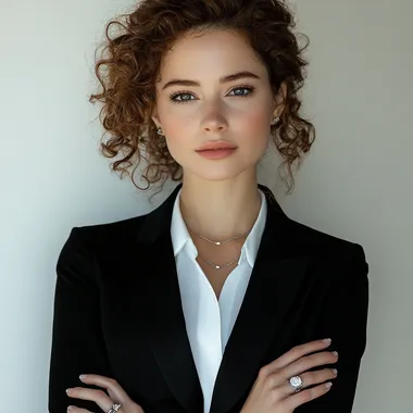 beautiful white woman, curly hair, full glam makeup look, black pants suit, white button up, wedding ring, silver necklace, taken with Nikon camera, white backdrop