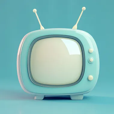 A charming 3D television in a modern, stylized art style, rounded features. The TV has a muted blue frame with two small antennas that protrude from the tv frame. The screen of the TV is clean and bright gray with a little glow shining. The background is a solid intense blue, enhancing the TV pastel and soft color palette. Subtle lighting and smooth, detailed textures give the image a polished and playful finish, evoking a sense of modern. The style is clean, whimsical, and minimalist, perfect for animated designs or figurine inspiration.