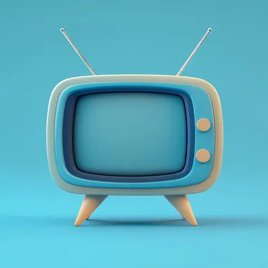 A charming 3D television in a modern, stylized art style, rounded features. The TV has a muted blue frame with two small antennas that protrude from the tv frame. The screen of the TV is clean and bright gray with a little glow shining. The background is a solid intense blue, enhancing the TV pastel and soft color palette. Subtle lighting and smooth, detailed textures give the image a polished and playful finish, evoking a sense of modern. The style is clean, whimsical, and minimalist, perfect for animated designs or figurine inspiration.