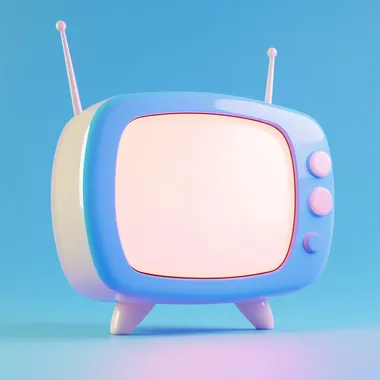 A charming 3D television in a modern, stylized art style, rounded features. The TV has a muted blue frame with two small antennas that protrude from the tv frame. The screen of the TV is clean and bright gray with a little glow shining. The background is a solid intense blue, enhancing the TV pastel and soft color palette. Subtle lighting and smooth, detailed textures give the image a polished and playful finish, evoking a sense of modern. The style is clean, whimsical, and minimalist, perfect for animated designs or figurine inspiration.