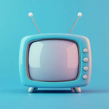 A charming 3D television in a modern, stylized art style, rounded features. The TV has a muted blue frame with two small antennas that protrude from the tv frame. The screen of the TV is clean and bright gray with a little glow shining. The background is a solid intense blue, enhancing the TV pastel and soft color palette. Subtle lighting and smooth, detailed textures give the image a polished and playful finish, evoking a sense of modern. The style is clean, whimsical, and minimalist, perfect for animated designs or figurine inspiration.