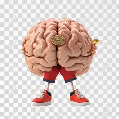 3D cartoon, brain with legs and feets, winning with a gold medal, white background