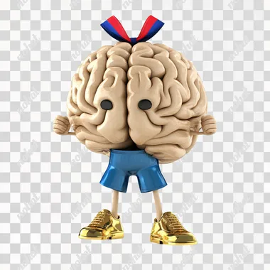 3D cartoon, brain with legs and feets, winning with a gold medal, white background