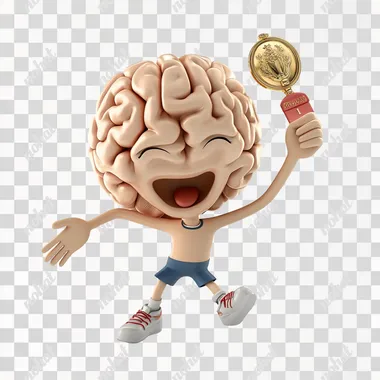 3D cartoon, brain with legs and feets, winning with a gold medal, white background