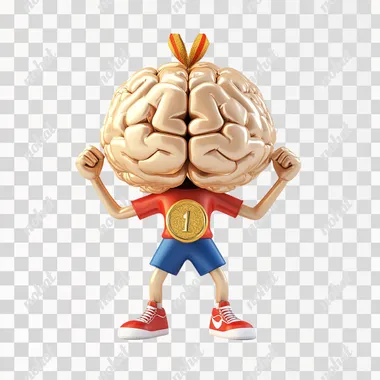 3D cartoon, brain with legs and feets, winning with a gold medal, white background
