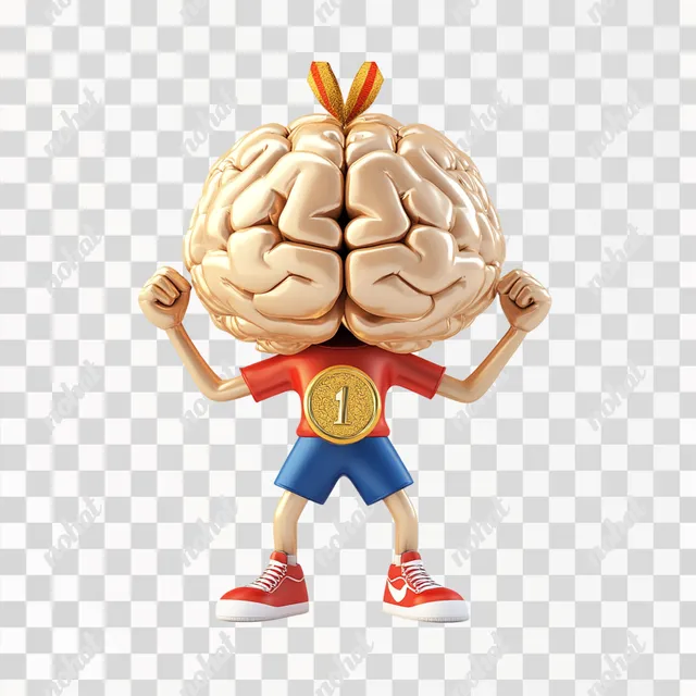 PNG 3D cartoon brain character with legs and feet winning gold medal