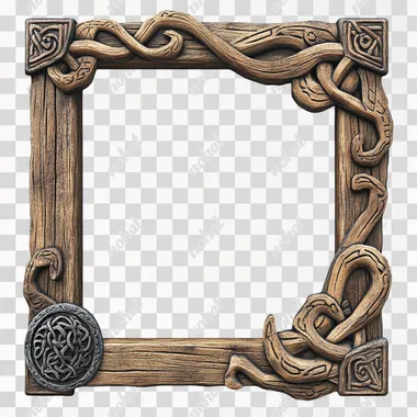 A viking wood frame with some viking ornaments white background --s 250