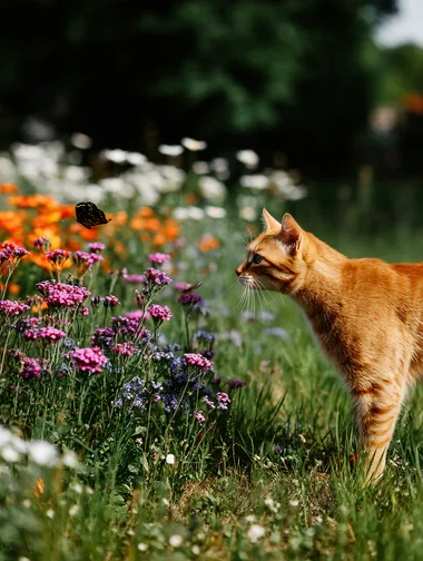 An orange Tabby Cat playing with butterflies in a field of colorful flowers.   --raw rofile j44wa71