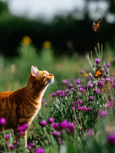 An orange Tabby Cat playing with butterflies in a field of colorful flowers.   --raw rofile j44wa71