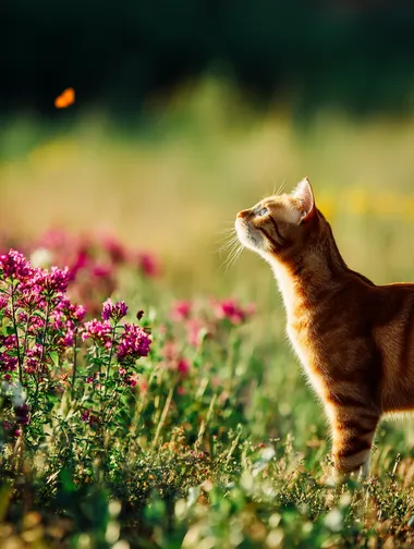 An orange Tabby Cat playing with butterflies in a field of colorful flowers.   --raw rofile j44wa71