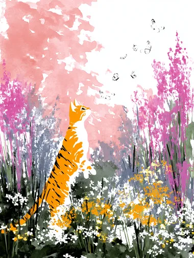 An orange Tabby Cat playing with butterflies in a field of colorful flowers.   --raw rofile j44wa71