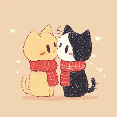 The picture of two cats kissing heads, cartoon vector style, a yellow cat with big eyes, wearing a red scarf, a black and white cat with black ears and a white face, wearing a red scarf. Face to face.    --s 150
