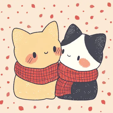 The picture of two cats kissing heads, cartoon vector style, a yellow cat with big eyes, wearing a red scarf, a black and white cat with black ears and a white face, wearing a red scarf. Face to face.    --s 150