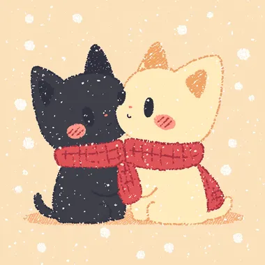 The picture of two cats kissing heads, cartoon vector style, a yellow cat with big eyes, wearing a red scarf, a black and white cat with black ears and a white face, wearing a red scarf. Face to face.    --s 150