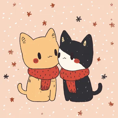 The picture of two cats kissing heads, cartoon vector style, a yellow cat with big eyes, wearing a red scarf, a black and white cat with black ears and a white face, wearing a red scarf. Face to face.    --s 150