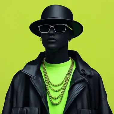 make a sureal portrait image of a person with no face wearing jacket, and hat, black color body, solid background, use smooth and calm soft colors, use smooth silky quality on jacket, inside wearing neon green tshirt and wearing a hat, wearing black cooling glasses with white frame, wearing golden chains, make the soft matte finish face, posture is slightly side angle , make it as rendered in cinema 4d,