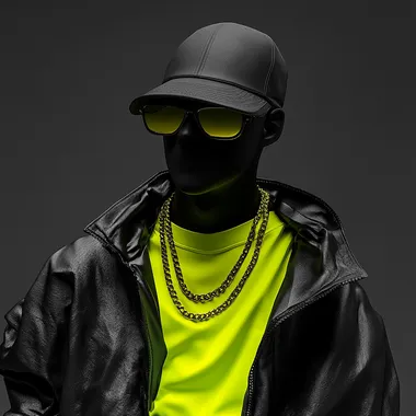 make a sureal portrait image of a person with no face wearing jacket, and hat, black color body, solid background, use smooth and calm soft colors, use smooth silky quality on jacket, inside wearing neon green tshirt and wearing a hat, wearing black cooling glasses with white frame, wearing golden chains, make the soft matte finish face, posture is slightly side angle , make it as rendered in cinema 4d,