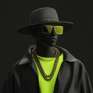 make a sureal portrait image of a person with no face wearing jacket, and hat, black color body, solid background, use smooth and calm soft colors, use smooth silky quality on jacket, inside wearing neon green tshirt and wearing a hat, wearing black cooling glasses with white frame, wearing golden chains, make the soft matte finish face, posture is slightly side angle , make it as rendered in cinema 4d,