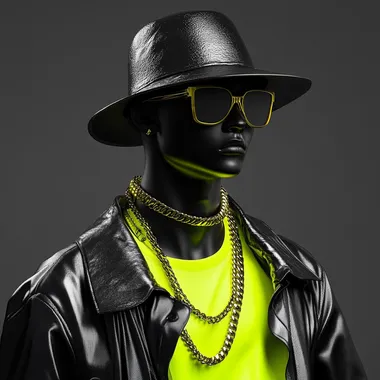 make a sureal portrait image of a person with no face wearing jacket, and hat, black color body, solid background, use smooth and calm soft colors, use smooth silky quality on jacket, inside wearing neon green tshirt and wearing a hat, wearing black cooling glasses with white frame, wearing golden chains, make the soft matte finish face, posture is slightly side angle , make it as rendered in cinema 4d,