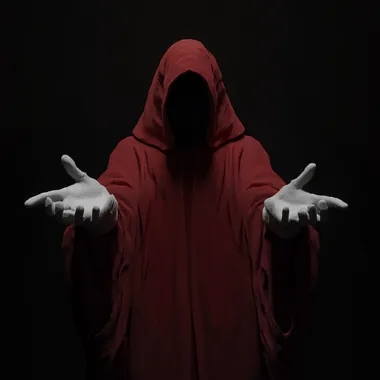 an ominous man in a large oversized hooded red robe with white gloved hands poking out towards the camera in an offering gesture, ultra HD 4K octane render   --s 50