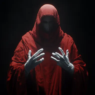 an ominous man in a large oversized hooded red robe with white gloved hands poking out towards the camera in an offering gesture, ultra HD 4K octane render   --s 50