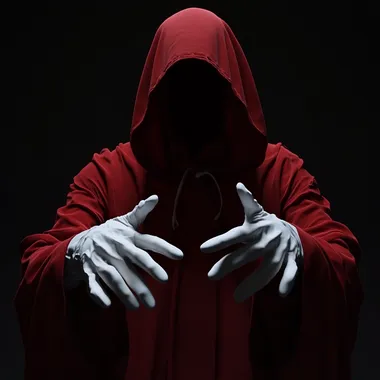 an ominous man in a large oversized hooded red robe with white gloved hands poking out towards the camera in an offering gesture, ultra HD 4K octane render   --s 50