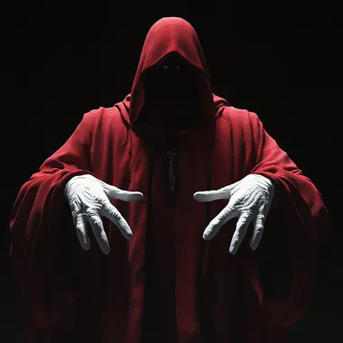 an ominous man in a large oversized hooded red robe with white gloved hands poking out towards the camera in an offering gesture, ultra HD 4K octane render   --s 50