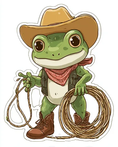 A cute cartoon frog wearing a cowboy hat and boots, holding a lasso, isolated on white background, sticker design, clean lines, transparent background look, bold outline, no shadows, no background